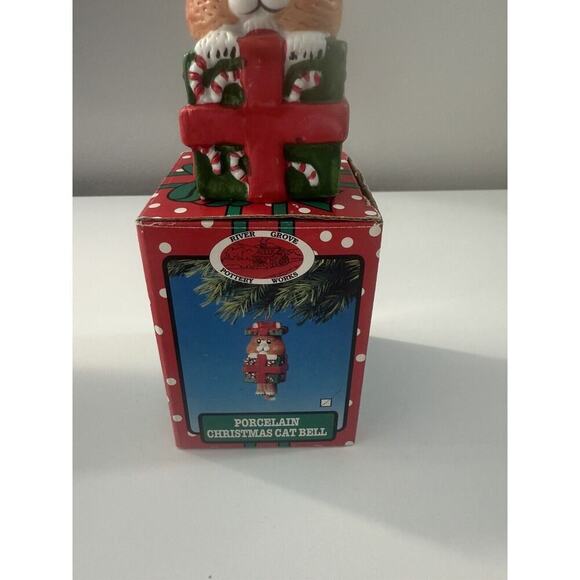 VTG River Grove Porcelain Christmas Cat Bell Ornament Tree - Picture 3 of 7